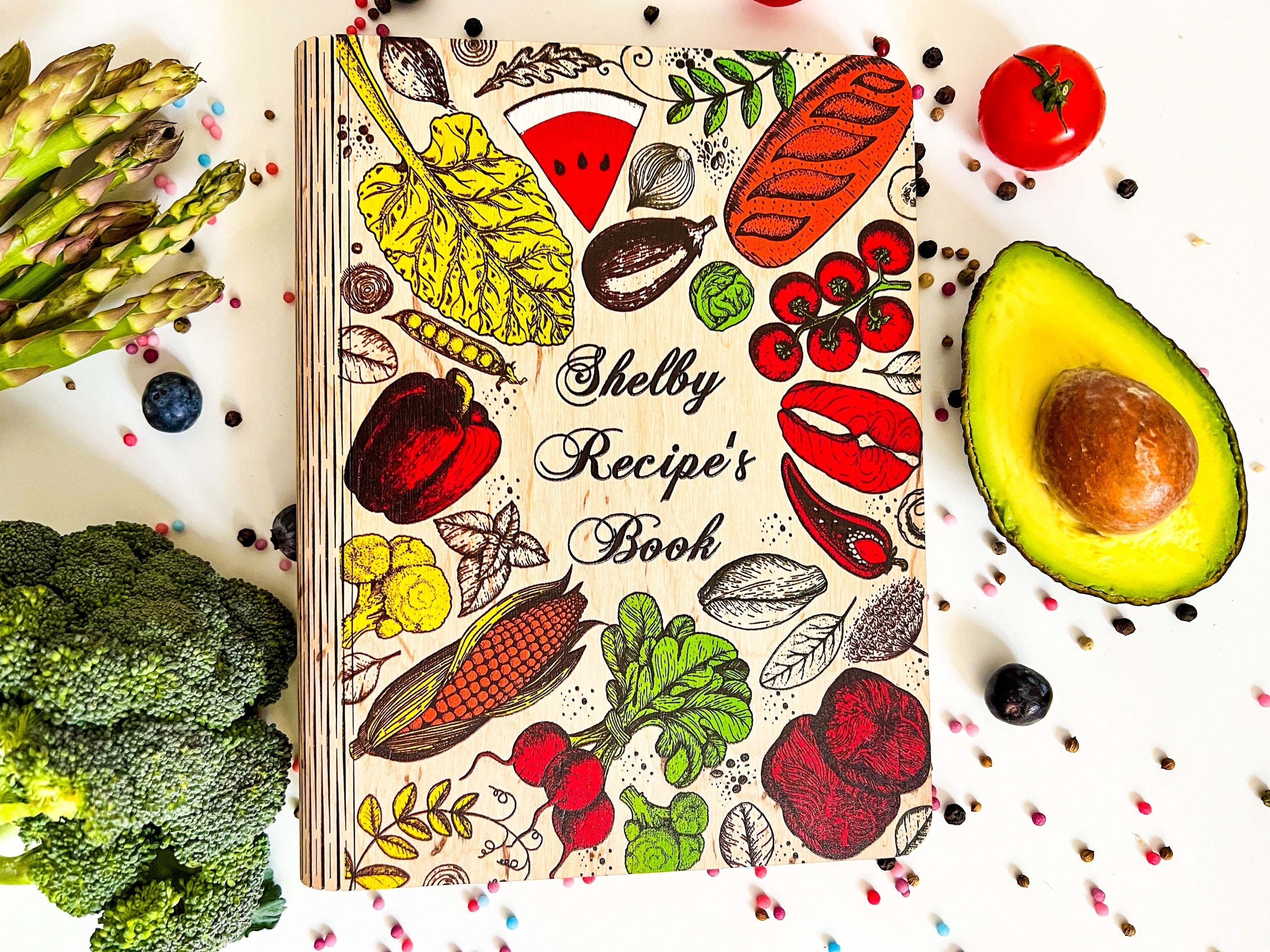 GIFT FOR MOM PERSONALIZED COLORFUL WOODEN RECIPE BOOK