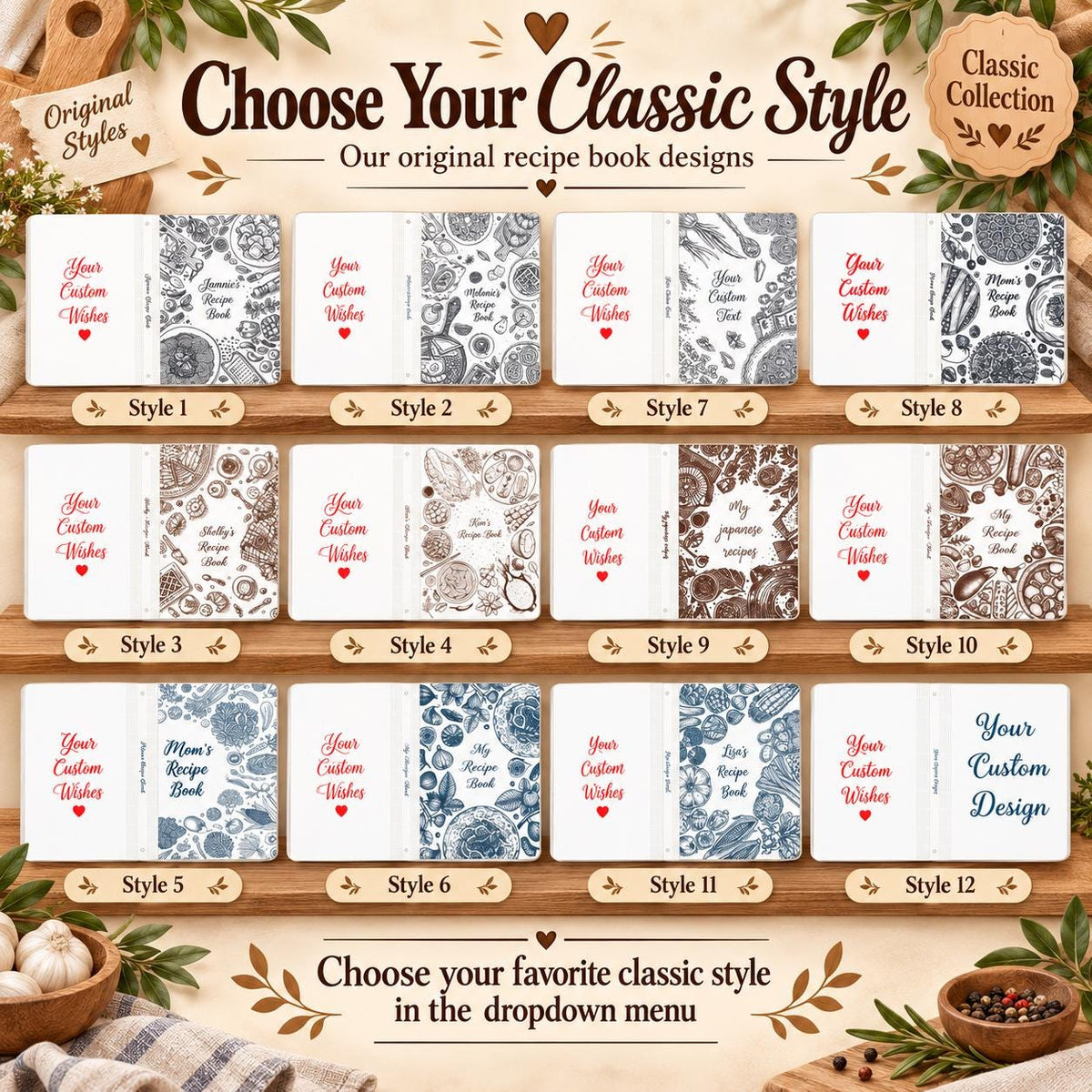 Twelve classic engraved wooden recipe book cover styles to choose from