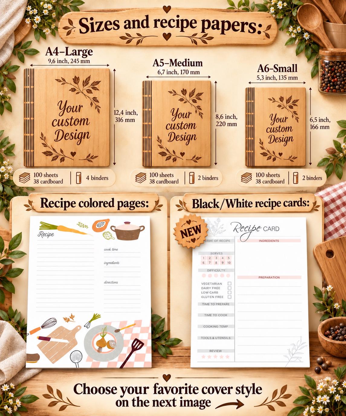 Wooden recipe book sizes A6, A5 and A4 with examples of recipe paper styles
