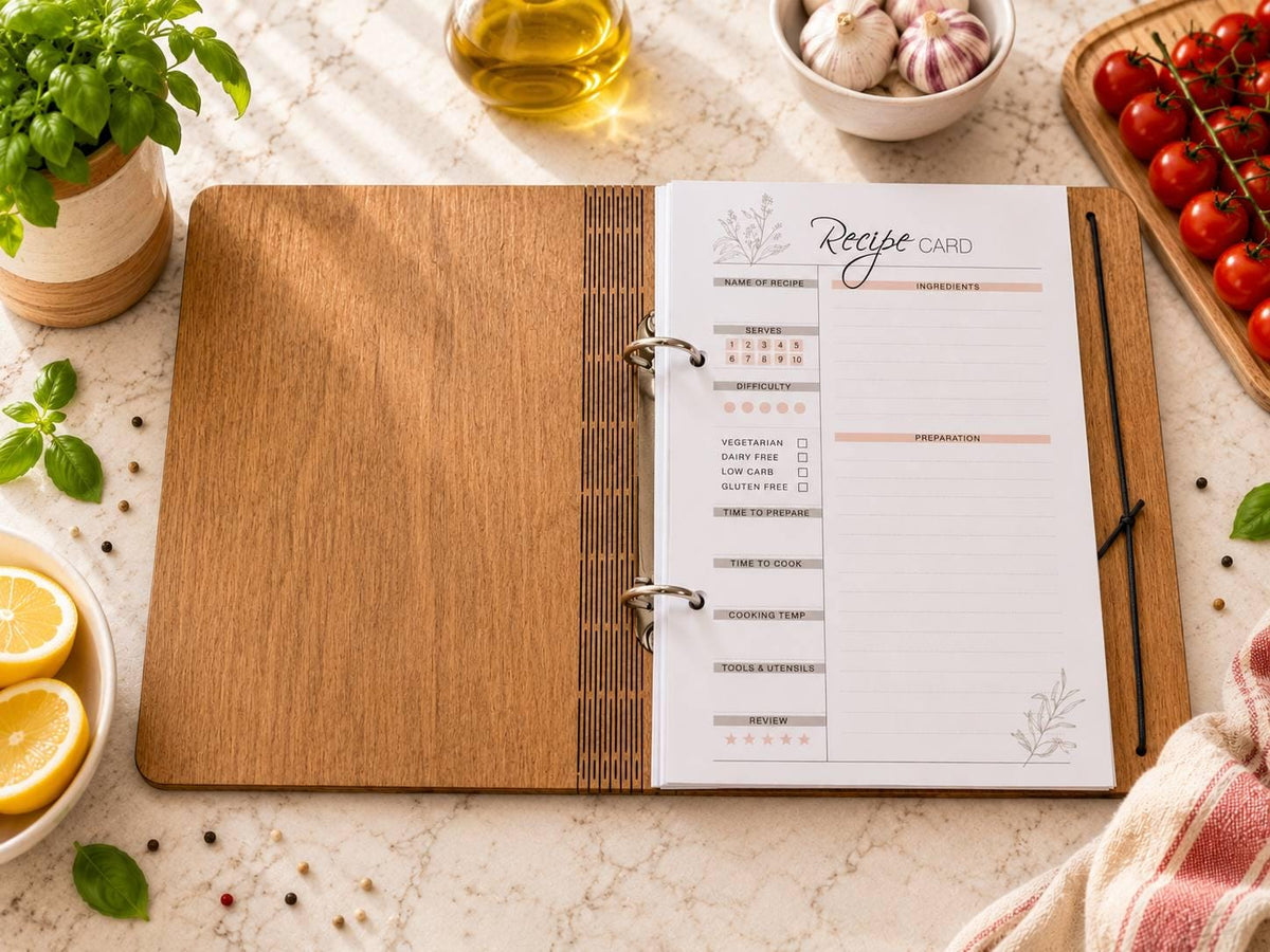 Open wooden recipe binder with a printed recipe page on a kitchen table