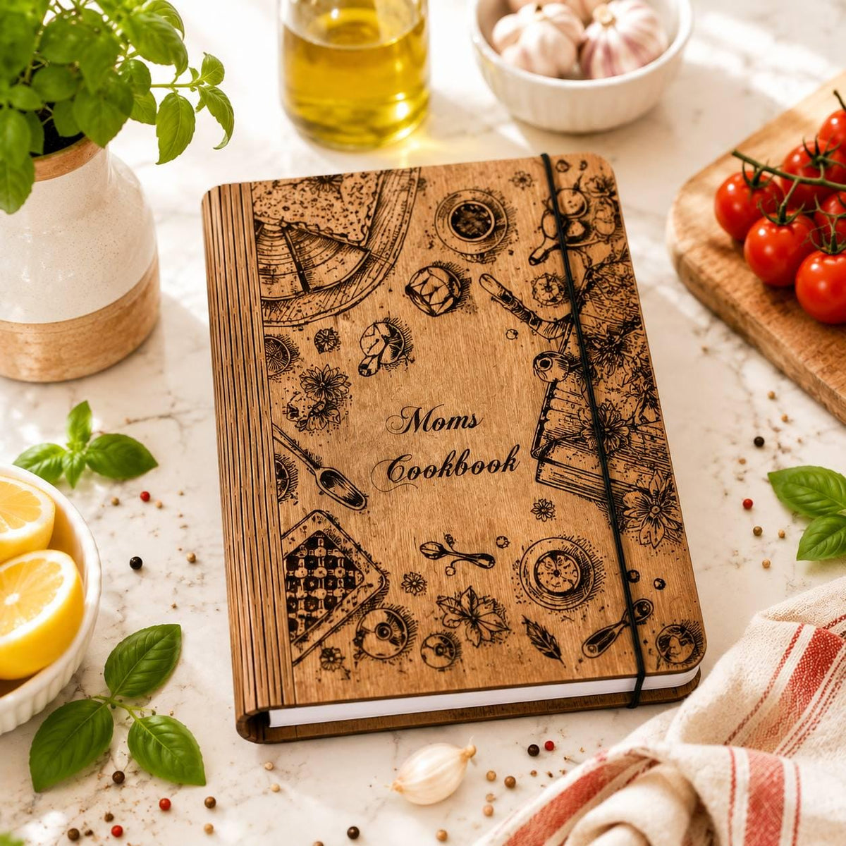 Mama's wooden cookbook with engraved food illustrations on a kitchen table