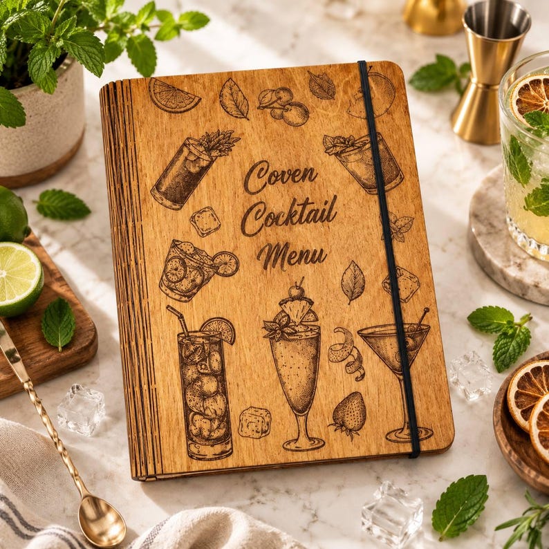 Personalized wooden cocktail recipe book with engraved glasses and citrus