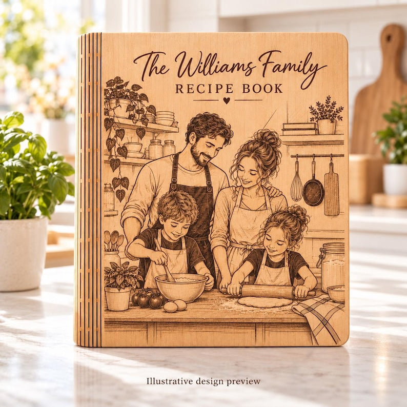 Personalized wooden recipe book with an illustrated family portrait created from photos