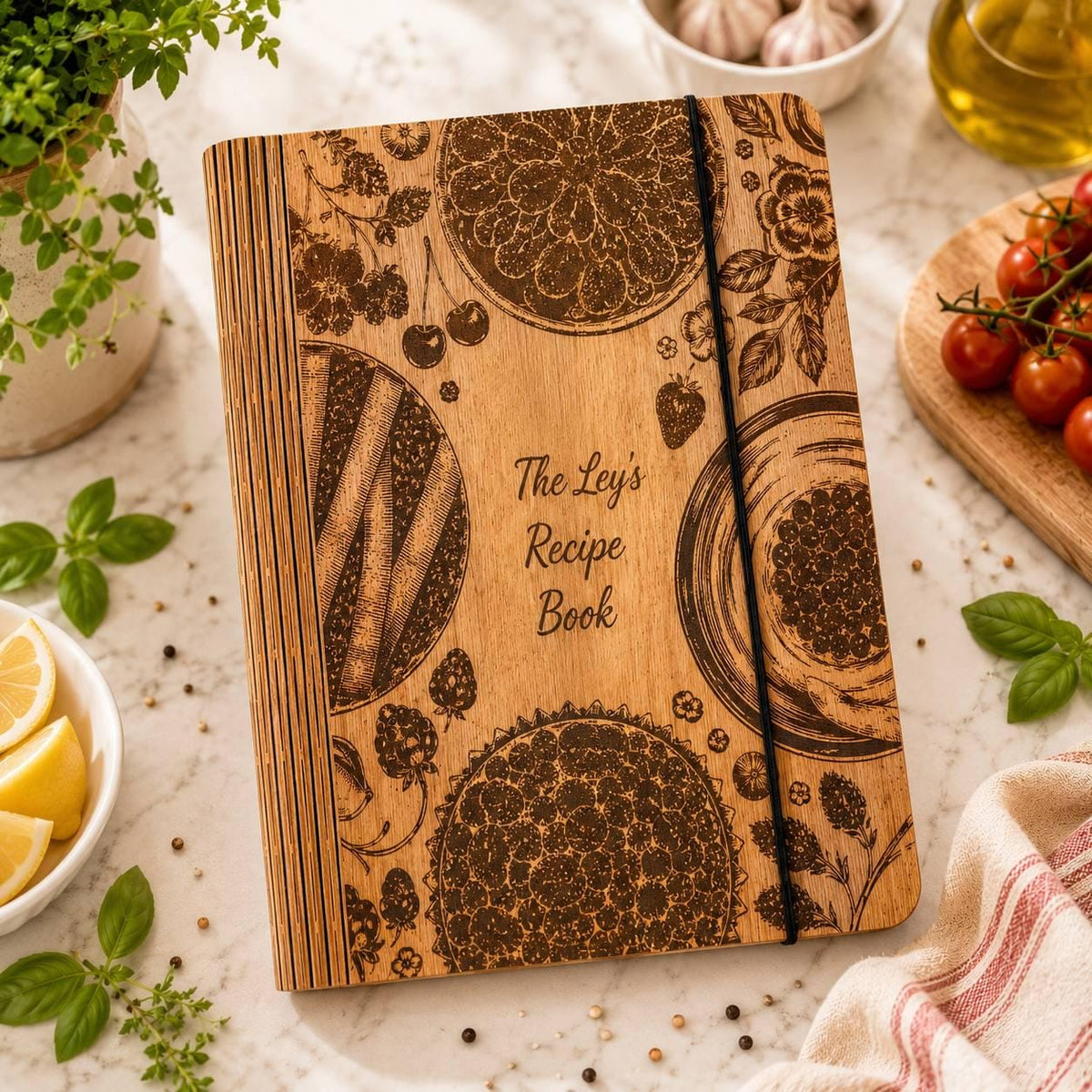 Wooden recipe book with engraved sunflower cover on a light kitchen table