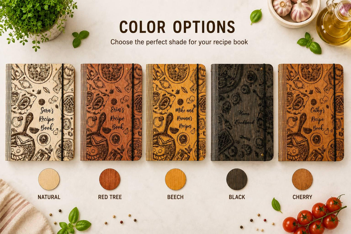 Wooden recipe book cover colours: natural, red tree, beech, black and cherry
